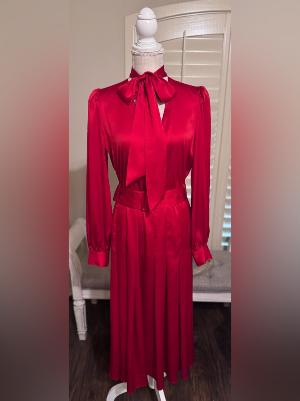 Worthington Red Satin Tie-Neck Long Sleeve Dress